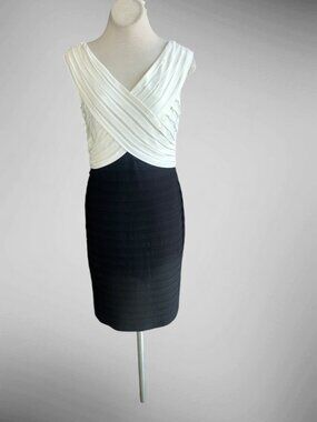 Adrianna Papell Dress White Pleated Top Black Pencil Skirt Formal Size 14